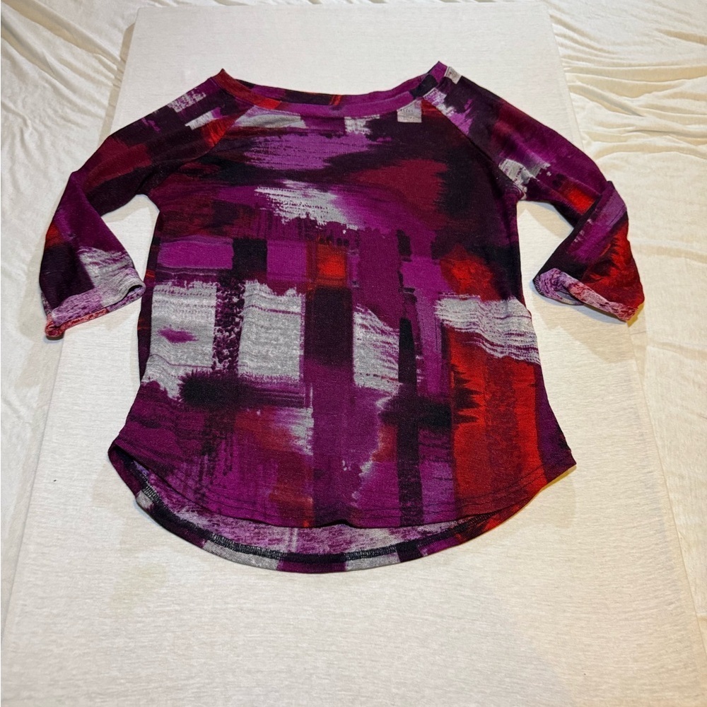 Lavon Purple and Red Abstract 3-4 Sleeve Top